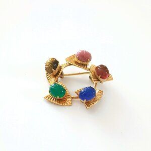 Amco 14kgf Multi Gemstone Scarab Brooch Vintage Ribbed Leaf Carved Beatle Pin